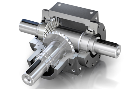 Spiral bevel gear set featured in a right angle gearbox